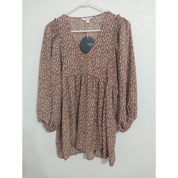 Mittoshop Tan Beige Babydoll Balloon Sleeve Womens Blouse Size L New With Tags - Picture 1 of 5